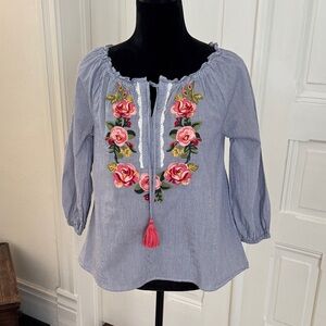 THML Striped Blouse with Pink Floral Design